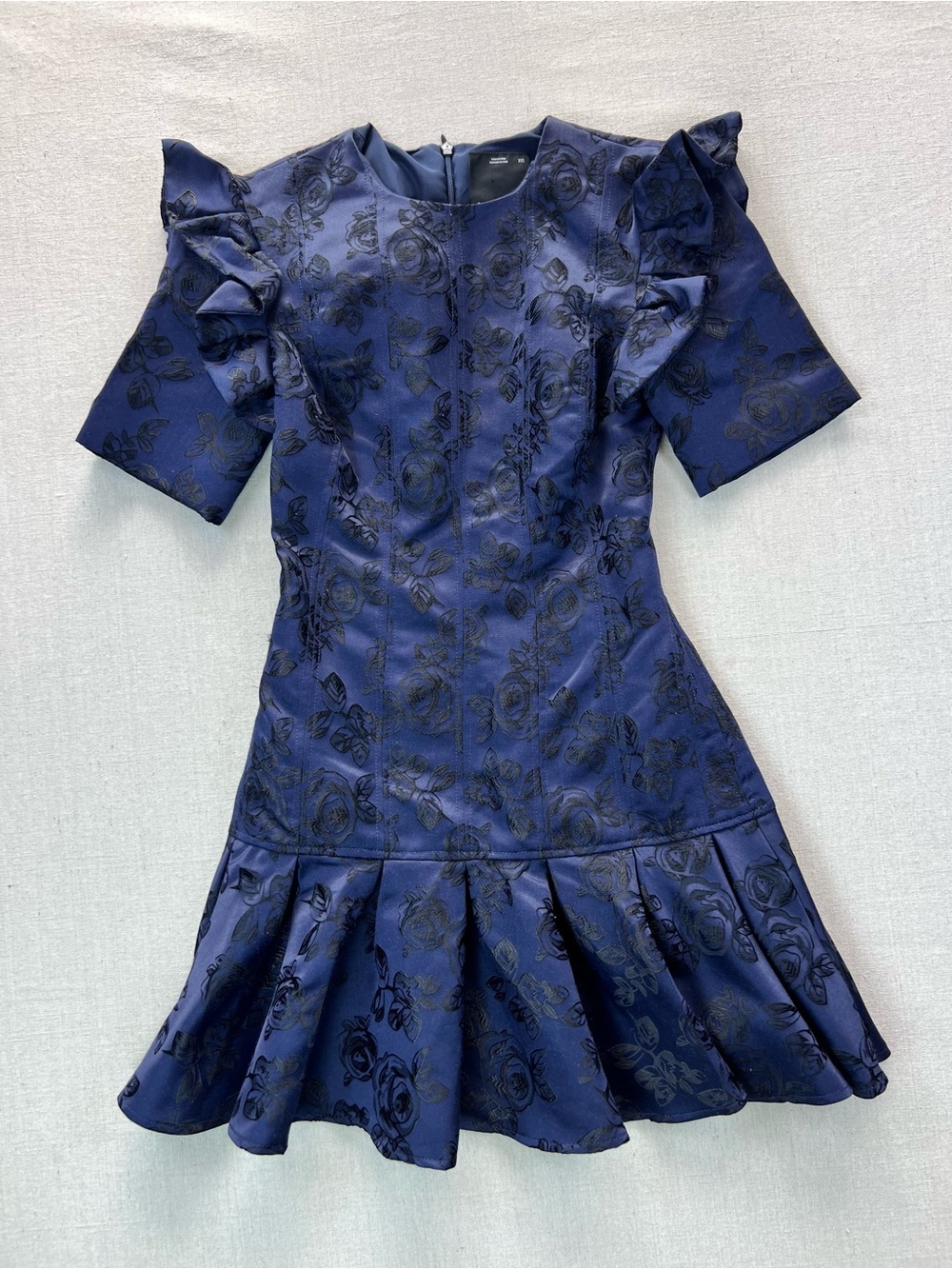 Elegant Navy With Black Floral Jacquard Fit Flare Ruffle Sleeve Dress - Size XXS